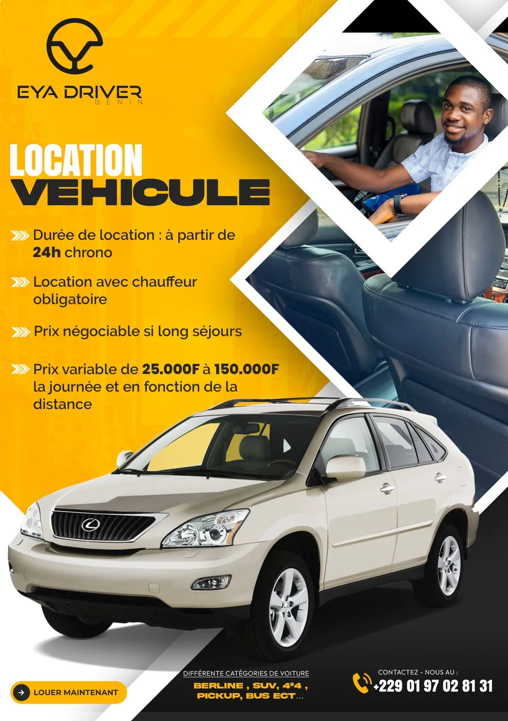 Service de location de véhicules avec chauffeur Eya Driver